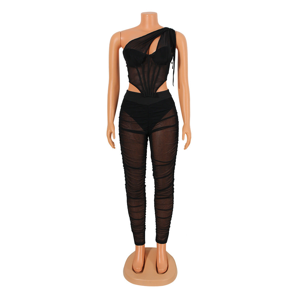 Clothing Mesh See-through Irregular Asymmetric Top Two-piece Set