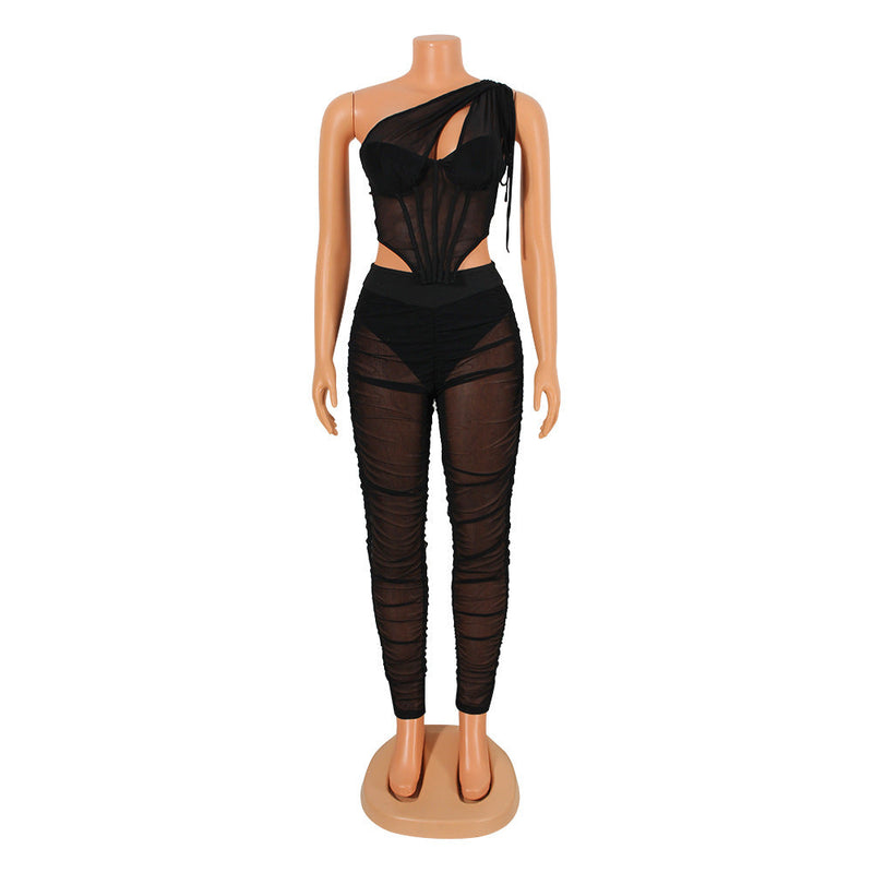 Clothing Mesh See-through Irregular Asymmetric Top Two-piece Set