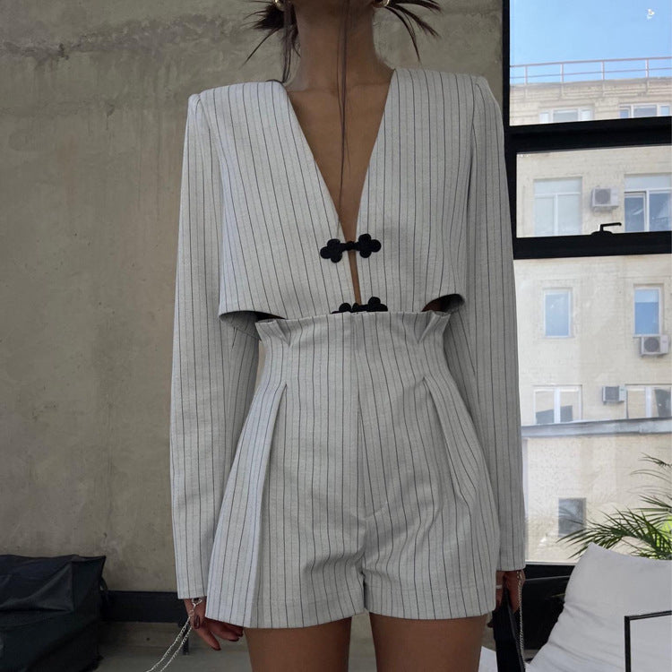 Spring Clothing Chinese Niche Design Long Sleeve Deep V Plunge Jacket High Waist Shorts Striped Set