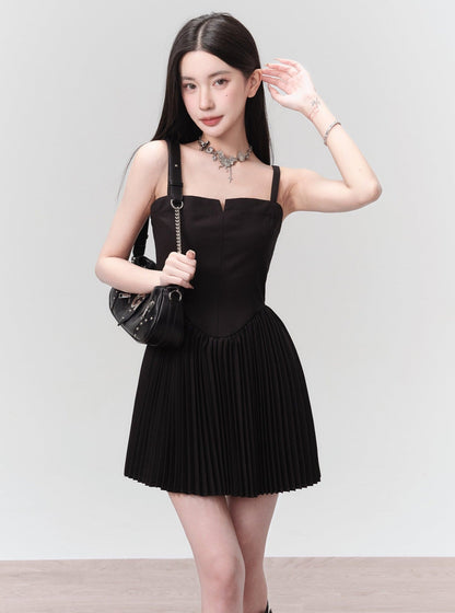 Black Pleated Mini Dress With Structured Bodice