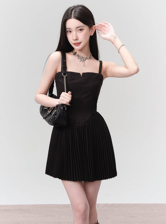 Black Pleated Mini Dress With Structured Bodice