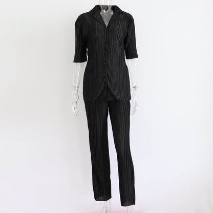 Summer Short Sleeve Loose Pleated Straight Leg Pants Two-piece Set Complex Set Collar Set