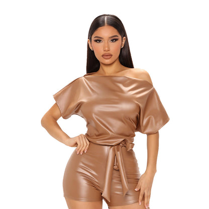 Summer Off-the-shoulder Faux Leather Romper