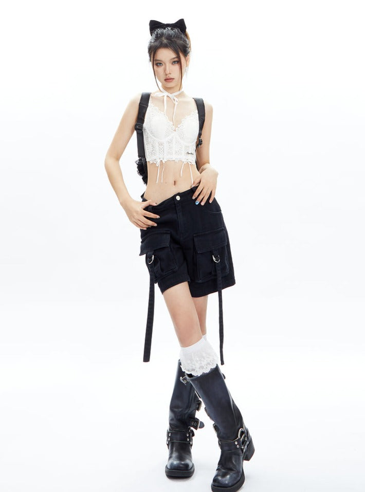 Black Cargo Shorts With Dangling Straps