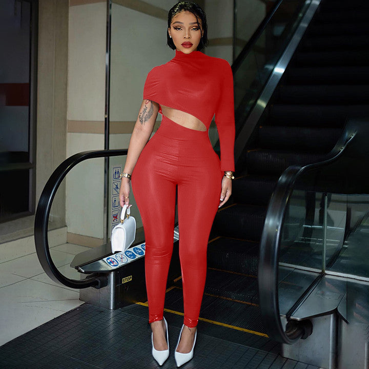 Clothing Autumn Winter Street Tight Fitting Color Irregular Asymmetric Cropped Exposed Jumpsuit Trousers