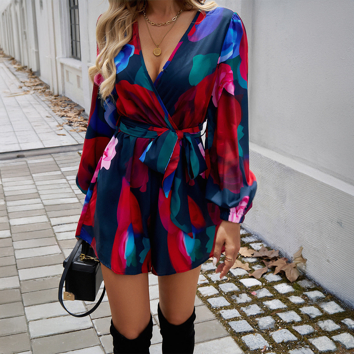 Autumn Winter Clothing Printing Color Contrast Long Sleeve High Waist Jumpsuit