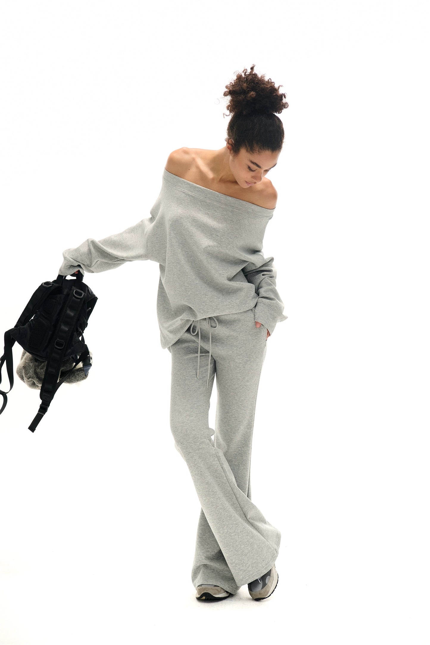 Off-the-shoulder Sweatshirt and Slight Flare Pants Set