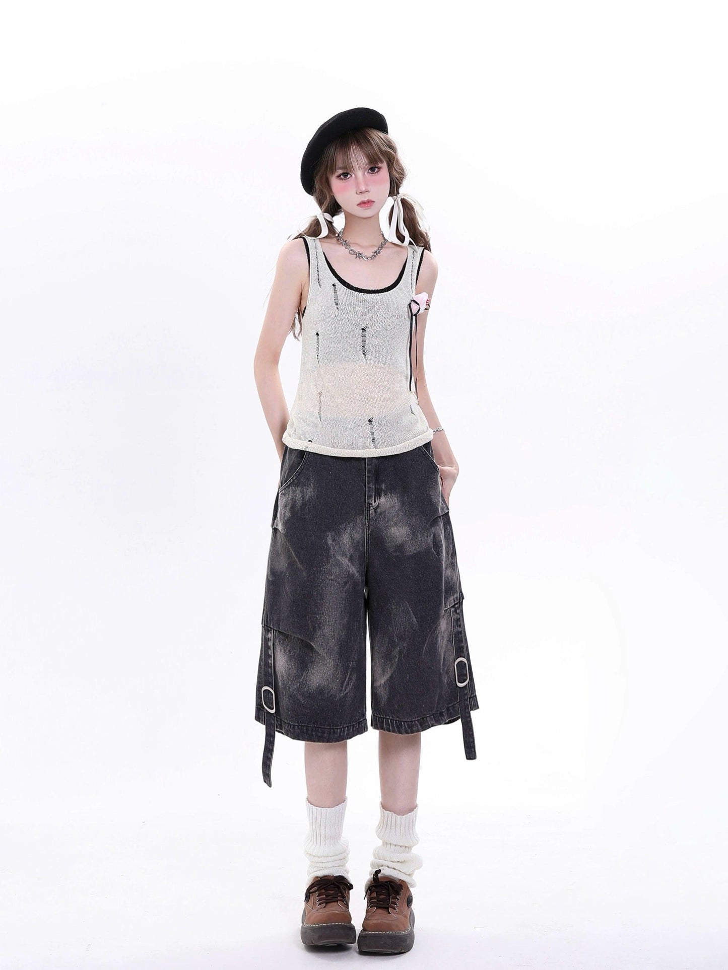 Rayohopp Distressed Denim Cargo Shorts - Wide-leg Bermuda Jeans With Bleached Pattern and Buckle Straps