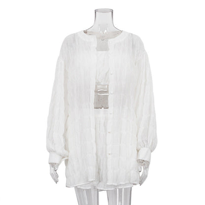 Clothing Summer Long Sleeved White Shirt Loose Outfit Tube Top High Waist Shorts Three Piece Set