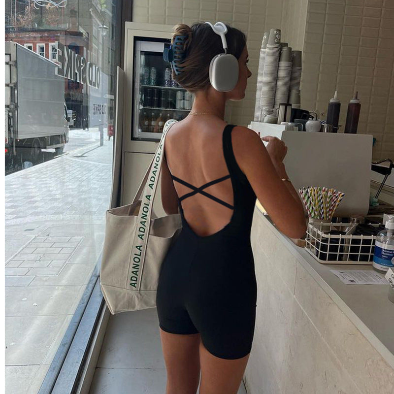 Street Color Square Collar Cross Hollow Out Cutout Backless Lace Up Sports Jumpsuit Yoga Fitness One Piece Trousers
