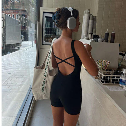 Street Color Square Collar Cross Hollow Out Cutout Backless Lace Up Sports Jumpsuit Yoga Fitness One Piece Trousers