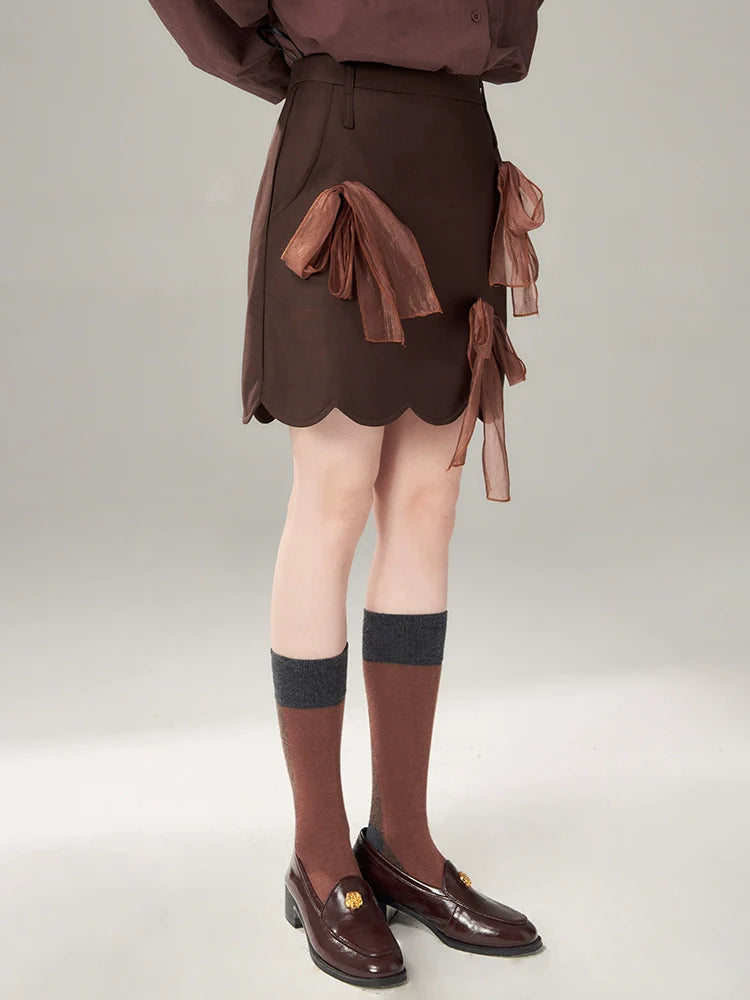 Brown Scalloped Skirt With Sheer Bow Detail