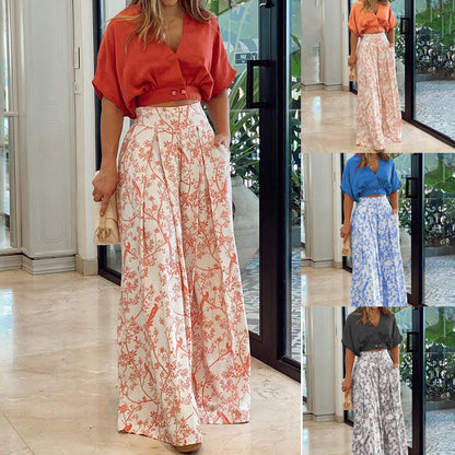 V Neck Short Shirt Top Suit Printed Office Wide Leg Pants Clothing