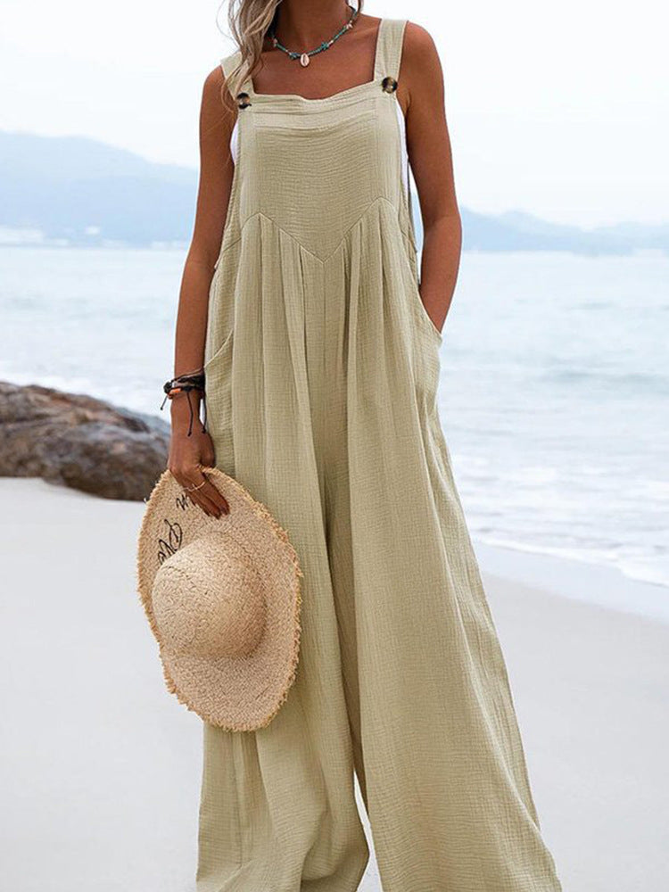 Summer New National Color Buttons Sling Wide Leg Trousers Jumpsuit