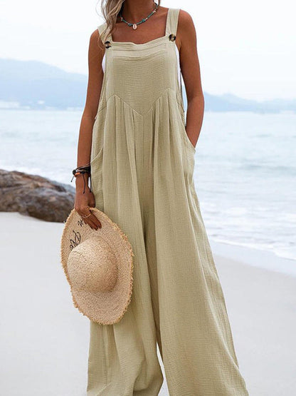 Summer New National Color Buttons Sling Wide Leg Trousers Jumpsuit