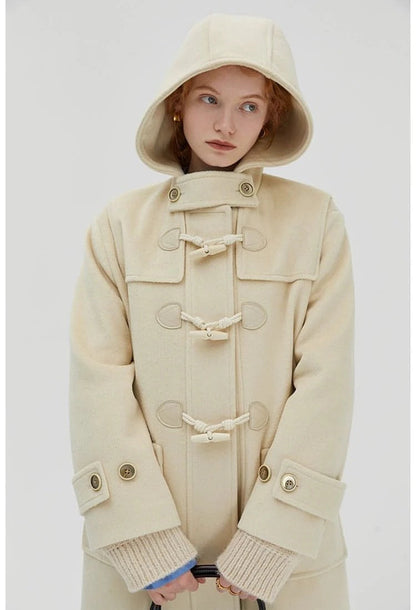 Winter Thicken College Style Hooded Mid-length Melton Wool Coat