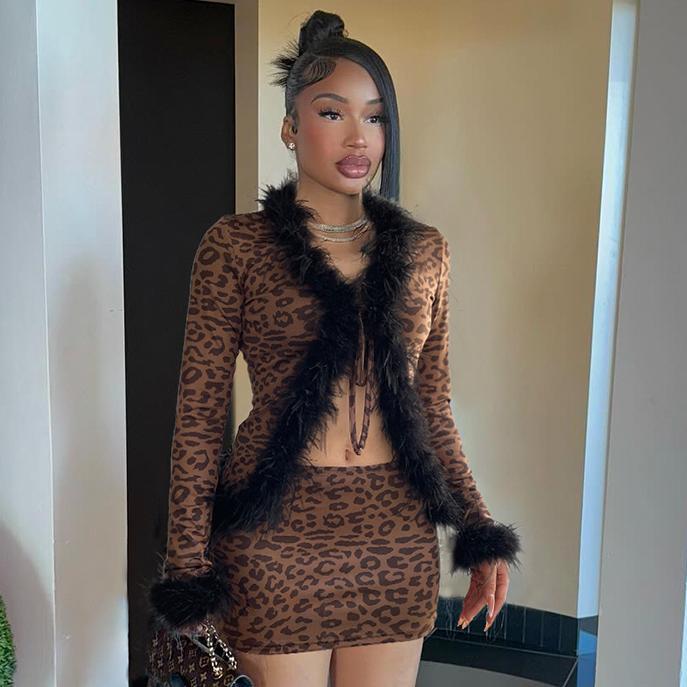 Furry Stitching Tied Cardigan Long Sleeved Top Leopard Print Skirt Set Two Piece Set