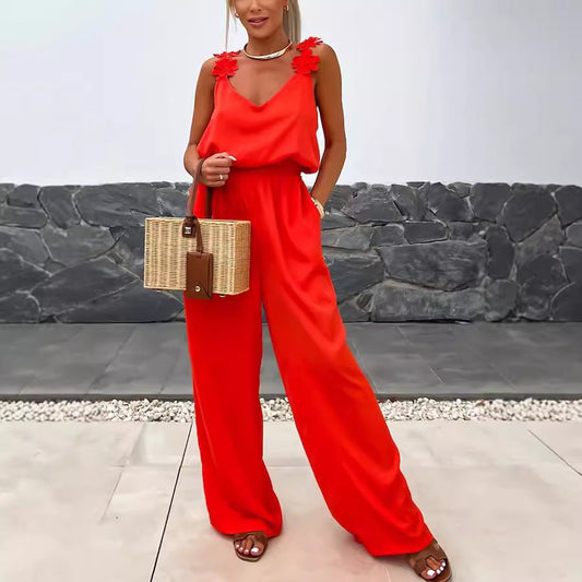 Spring Summer Suspender Sleeveless Pocket Jumpsuit Loose Wear Jumpsuit