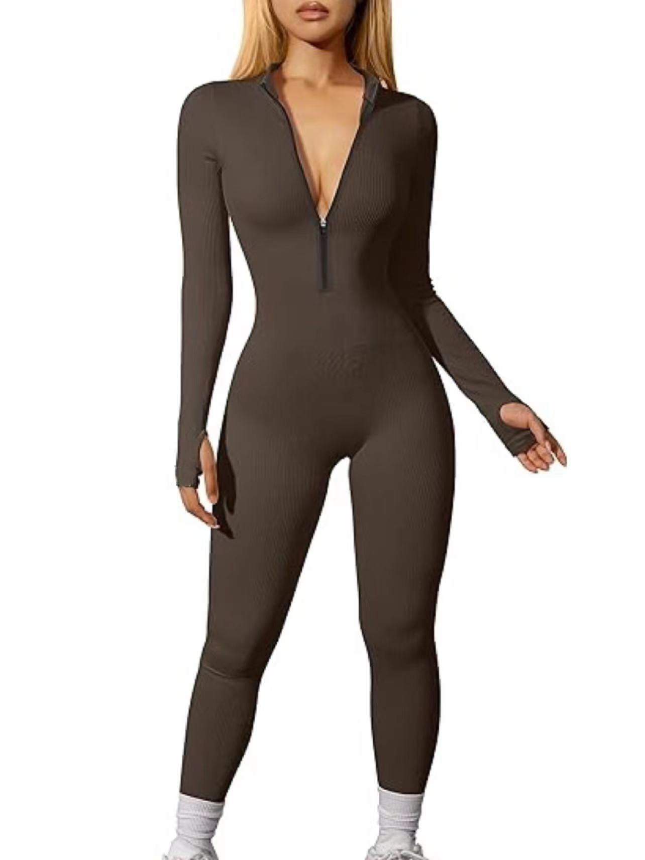 Sports Jumpsuit Workout Ribbed Long Sleeve Zipper Jumpsuit Trousers Tight