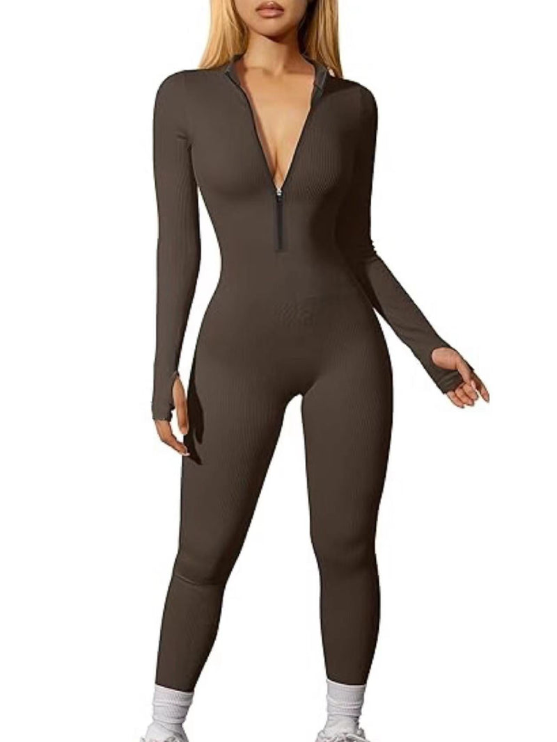 Sports Jumpsuit Workout Ribbed Long Sleeve Zipper Jumpsuit Trousers Tight