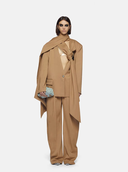 Two Piece Set for Autumn Winter Scarf Cut Profile Blazer High Waist Pants Set