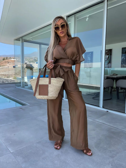 Spring Summer Comfort Deep V Plunge Neck Color Silk Waist Lace Up Straight Leg Pants Suit