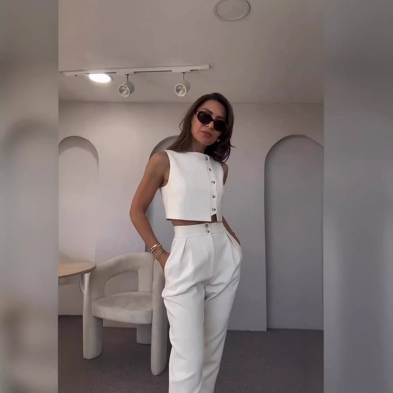 Clothing Spring Summer Sleeveless Vest High Waist Cropped Pants Two Piece Set
