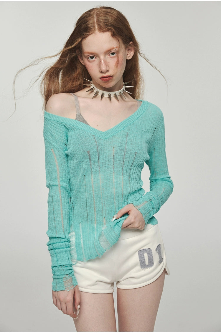 Hollow-out V-neck Thin Cardigan With Distressed Waist Knit Top