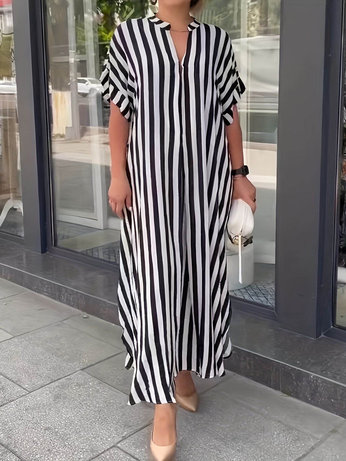 Self Designed Striped Print Spring Summer Split Large Swing Maxi Dress