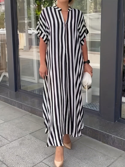 Self Designed Striped Print Spring Summer Split Large Swing Maxi Dress