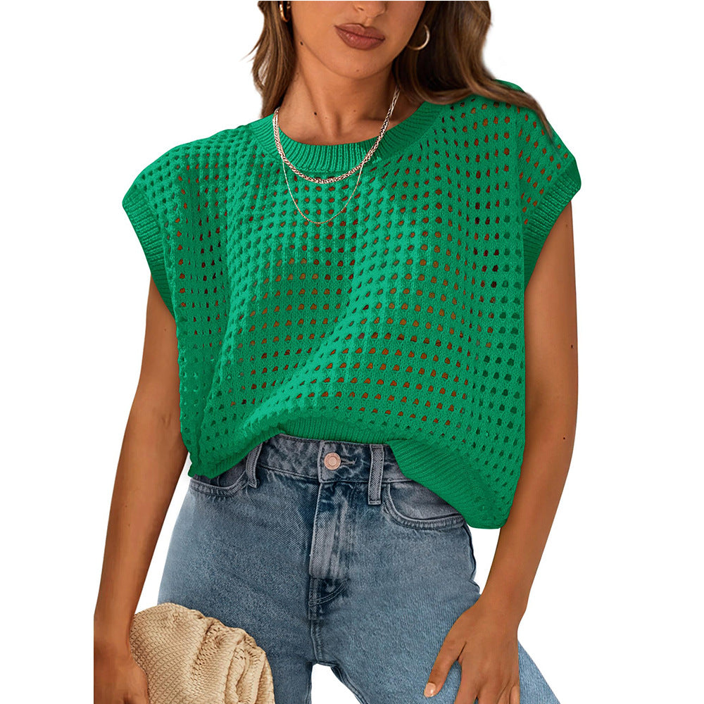 Summer Clothing Round Neck Hollow Out Cutout Sun Protection Knitted Sweater Blouse