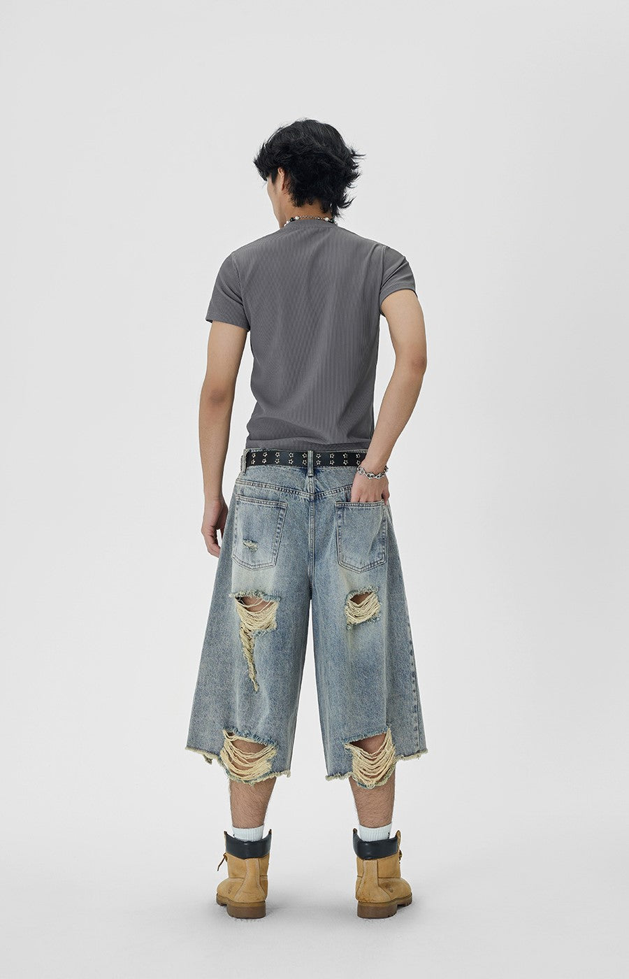 Distressed Wide Leg Denim Capri Cut Shorts