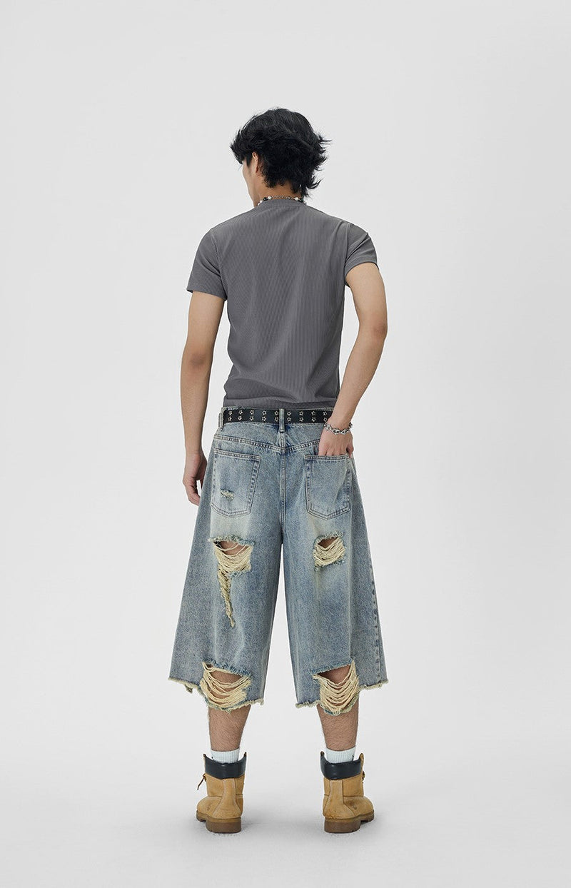 Distressed Wide Leg Denim Capri Cut Shorts