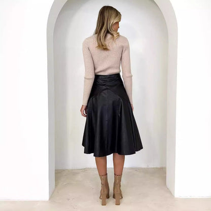 Leather and High Waist Pleated Skirt