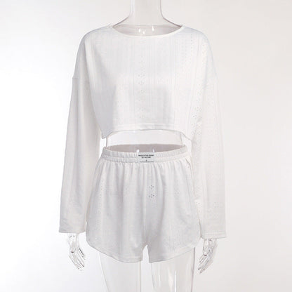 Autumn Simple Slim Fit Loose Pullover Top Shorts Set