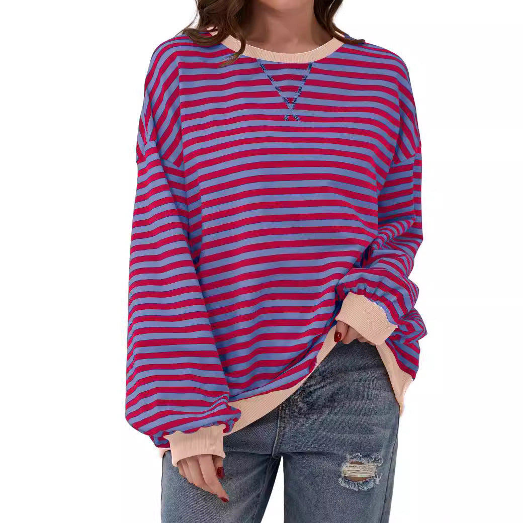 Striped Round Neck Loose Long-sleeved Sweatshirt