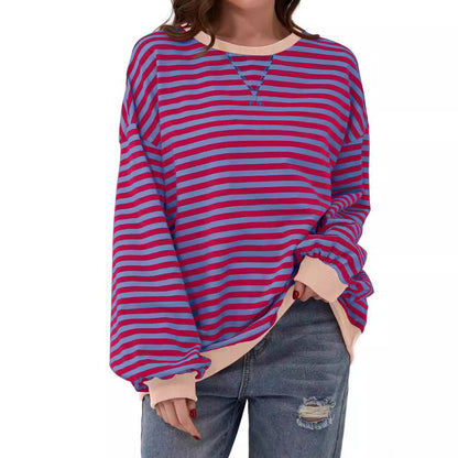 Striped Round Neck Loose Long-sleeved Sweatshirt