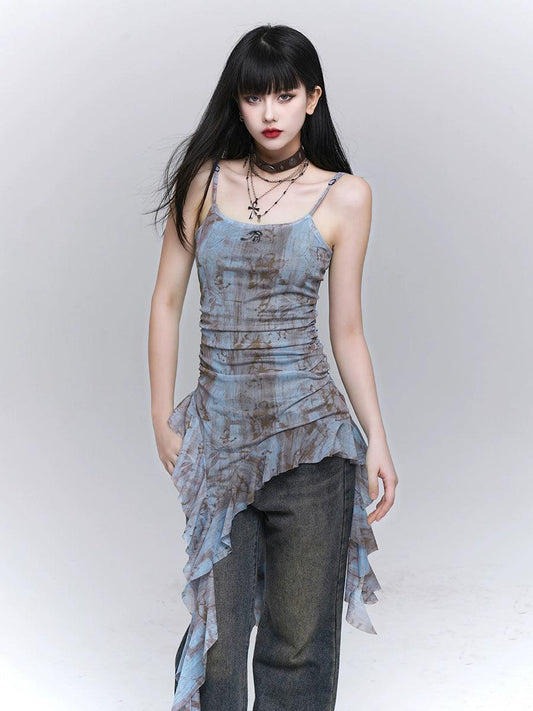 Ladyghost Grunge Fairy Asymmetrical Cami Dress - Tie-dye Ruched Mini Dress With Ruffle Hem