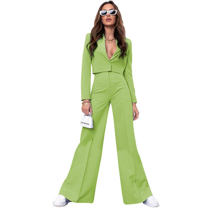 Autumn Winter Color Short Long Sleeve Small Suit High Waist Wide Leg Pants Suit