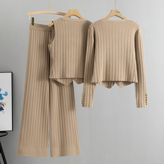 Korean Slim Fit Chanel Wide Leg Pants Sweater Three Piece Set Spring Autumn Vest Knitted Cardigan Suit