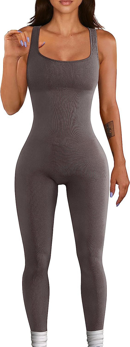 Summer Yoga Jumpsuit Ribbed Square Collar Sleeveless Sports Jumpsuit Trousers