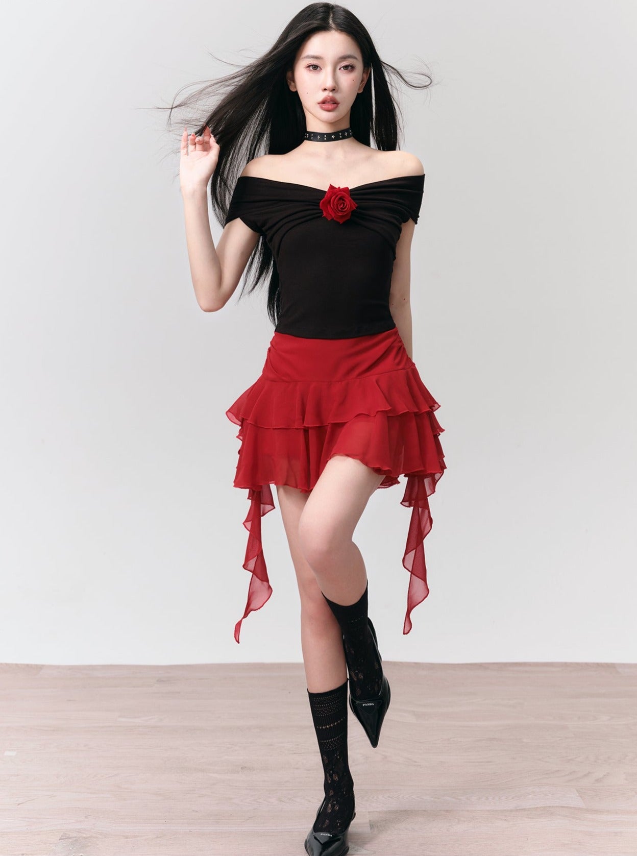 Flamenco-inspired Dance Set: Off-shoulder Rose Top and Ruffled Mini Skirt