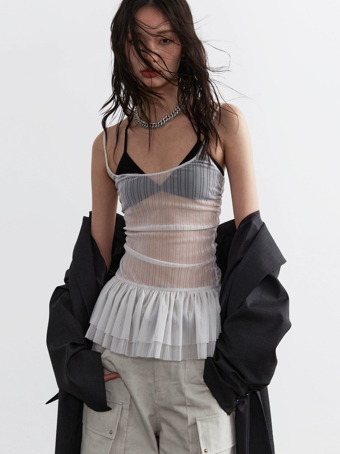 Jnylon Studio Sheer Pleated Corset Top - White Mesh Ruched Bustier With Tulle Skirt