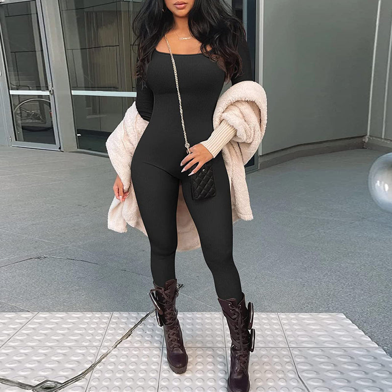 Clothing Jumpsuit Autumn Winter Thread Square Collar Hip Raise Slim Fit Jumpsuit