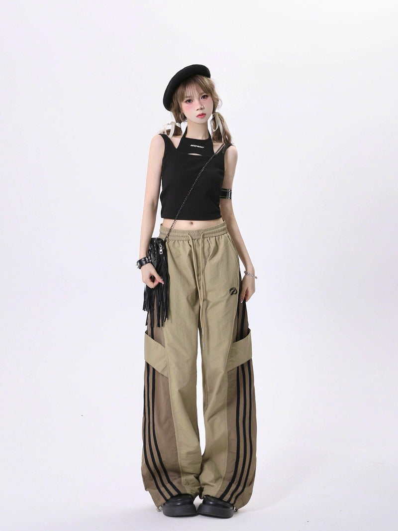 Rayohopp Color-block Wide-leg Track Pants - Drawstring Waist Athletic Trousers With Striped Panels