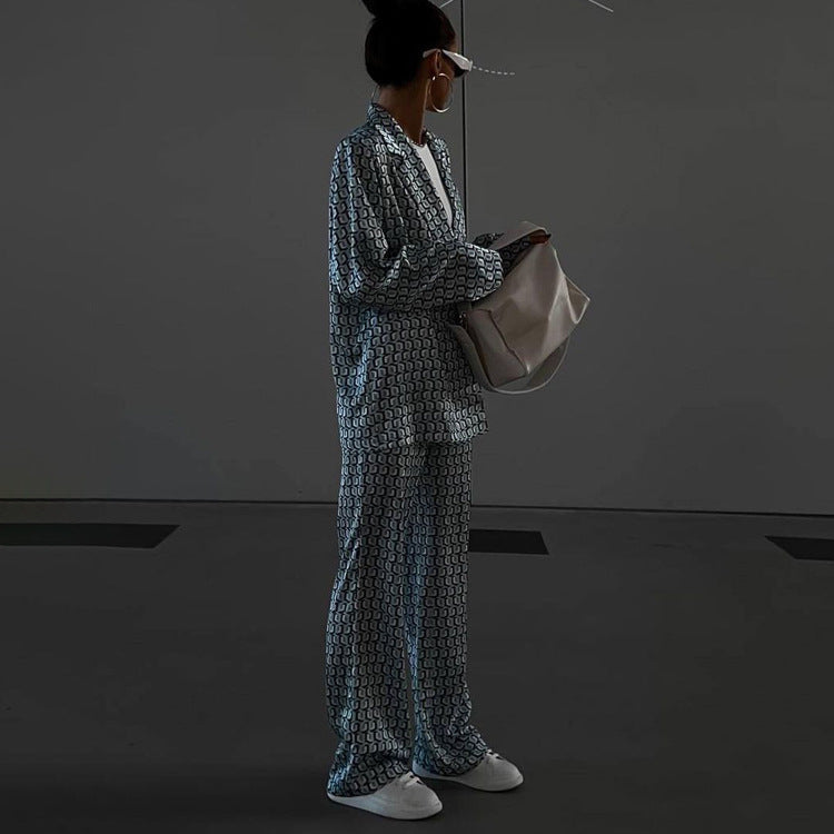 Early Autumn Clothing Long Sleeve Collared Bootleg Pants Printing Suit Matching Street
