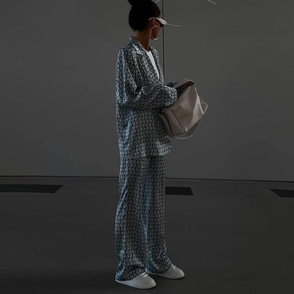 Early Autumn Clothing Long Sleeve Collared Bootleg Pants Printing Suit Matching Street