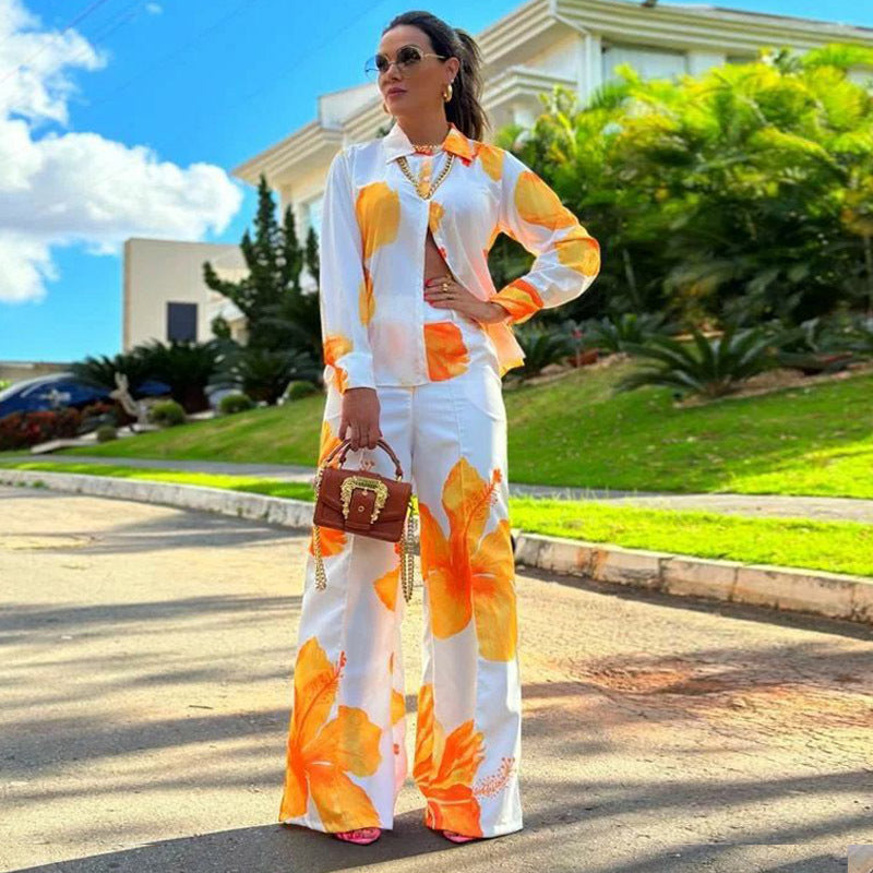 Suit Printed Shirt Spring Autumn Wide Leg Pants Two Piece Suit