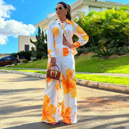 Suit Printed Shirt Spring Autumn Wide Leg Pants Two Piece Suit