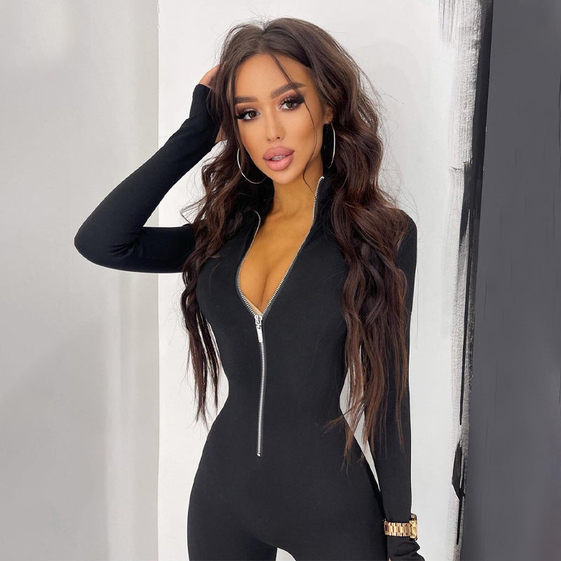 Trousers Clothing Color High Waist Slim Long Sleeve Zipped Stand Collar Jumpsuit